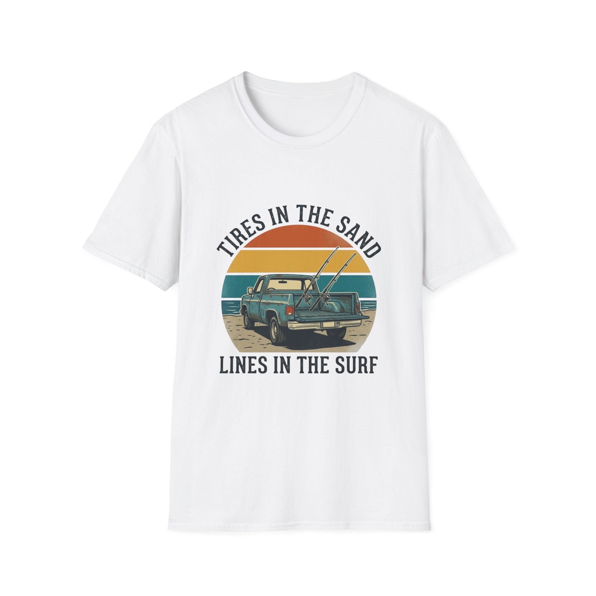 Surf Jeep T-Shirt — "Tires in the Sand, Lines in the Surf" Retro Beach Graphic