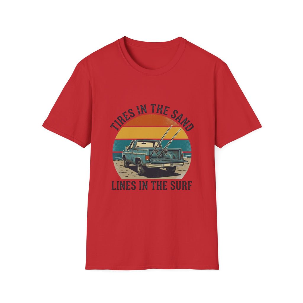 Surf Jeep T-Shirt — "Tires in the Sand, Lines in the Surf" Retro Beach Graphic