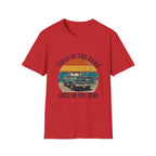 Surf Jeep T-Shirt — "Tires in the Sand, Lines in the Surf" Retro Beach Graphic