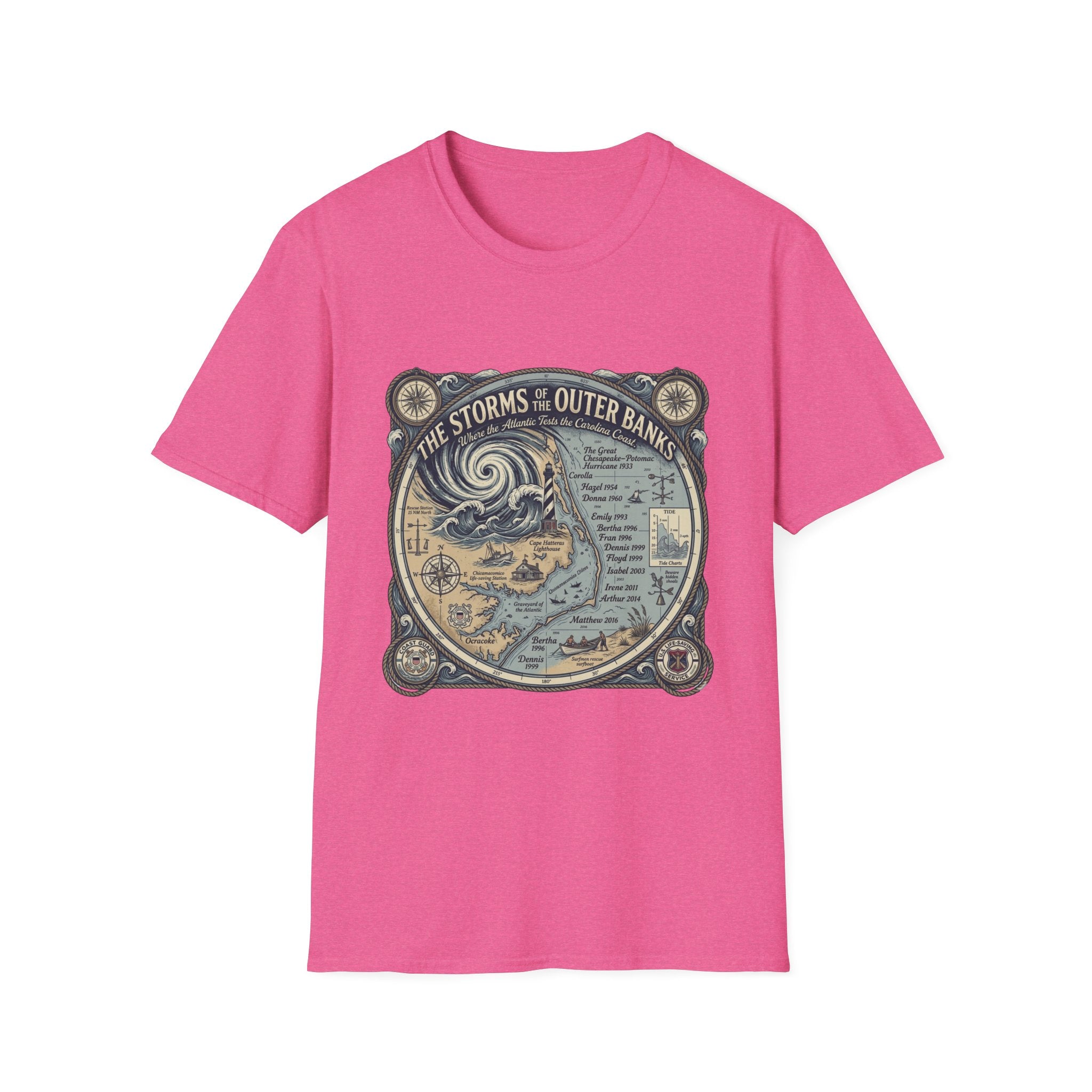 Outer Banks Storms Map T-Shirt — Vintage Coastal Weather Illustration