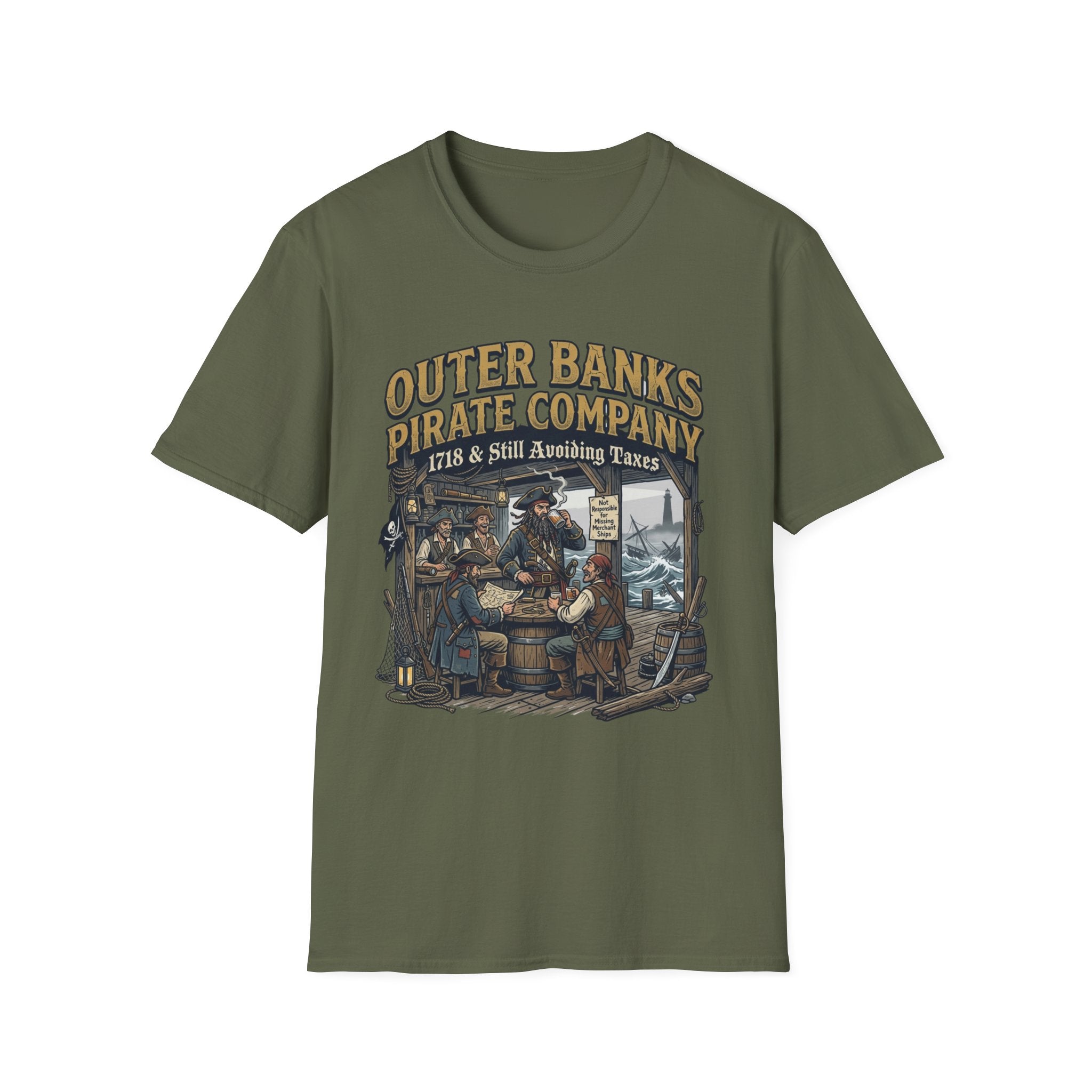 Outer Banks Pirate Company T-Shirt — "1718 & Still Avoiding Taxes" Vintage Nautical Tee