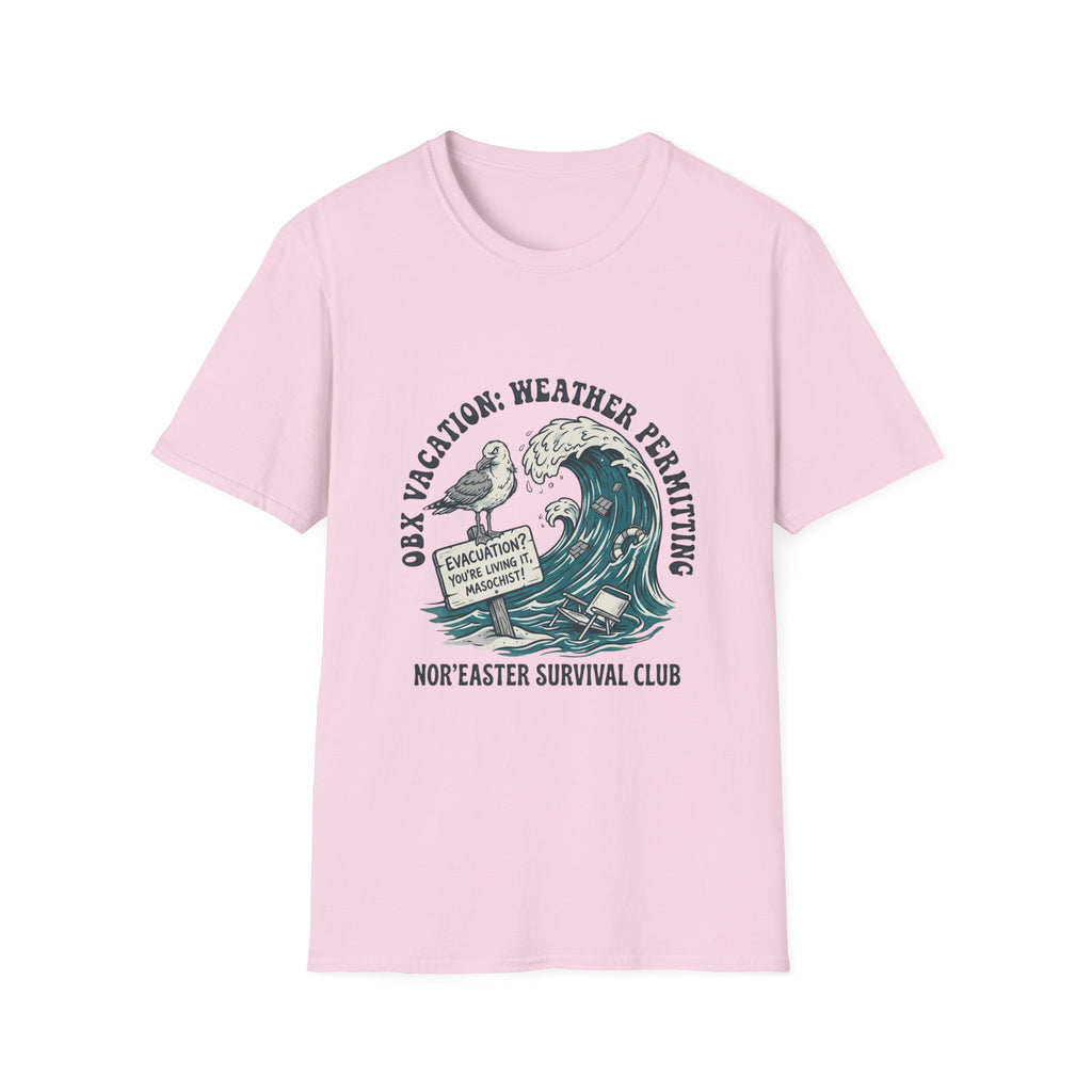 Nor'easter Survival Club T-Shirt — "OK, Vacation: Weather Permitting" Seagull & Wave Tee