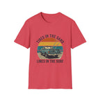 Surf Jeep T-Shirt — "Tires in the Sand, Lines in the Surf" Retro Beach Graphic