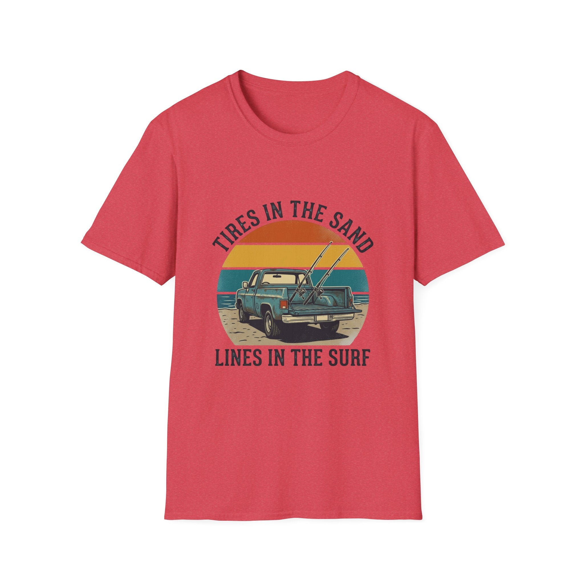 Surf Jeep T-Shirt — "Tires in the Sand, Lines in the Surf" Retro Beach Graphic