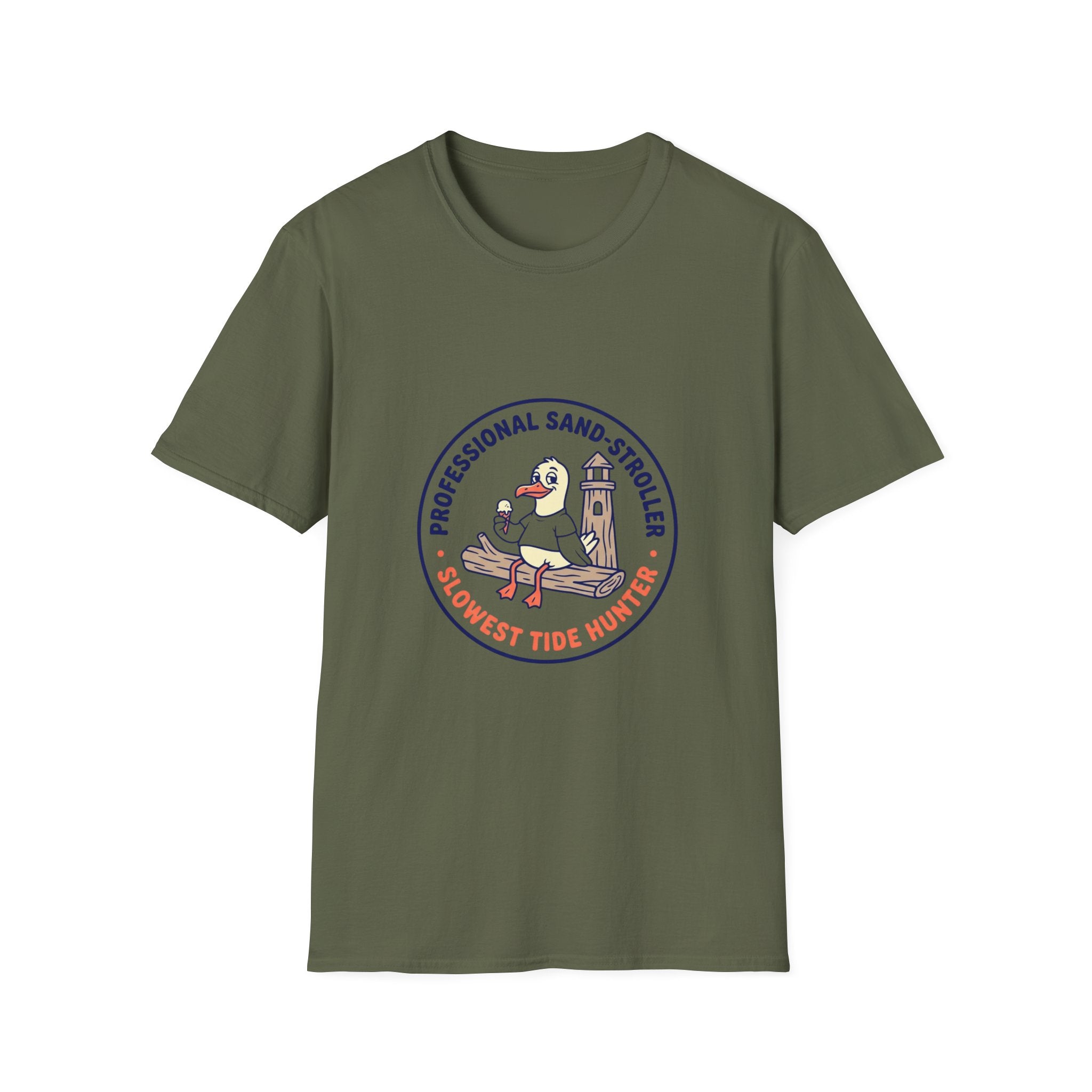 T-Shirt — "Professional Sand Stroller" Seagull Design (Slowest Tide Hunter)