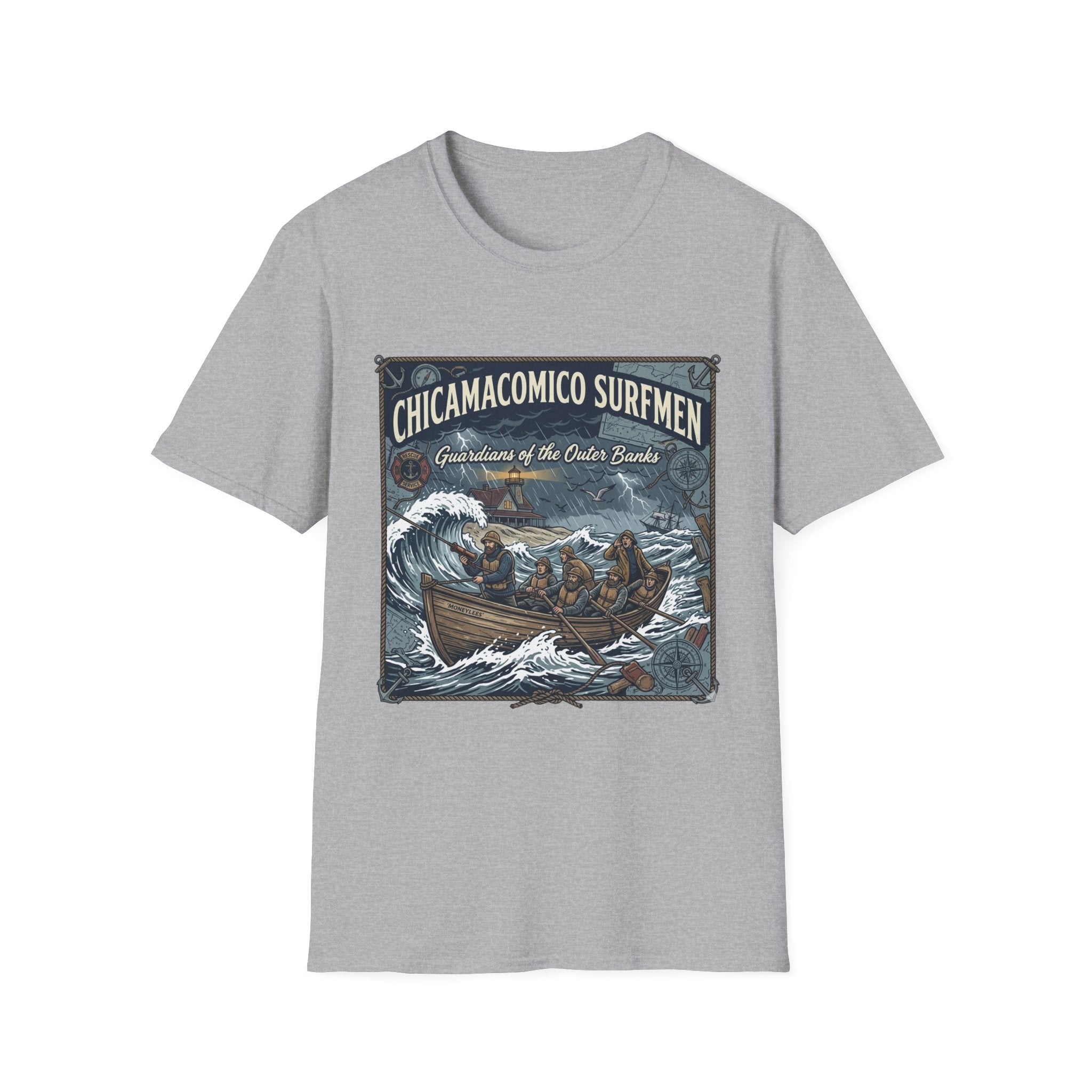 Chicamacomico Surfmen T-Shirt — "Guardians of the Outer Banks" Vintage Surf Rescue Tee