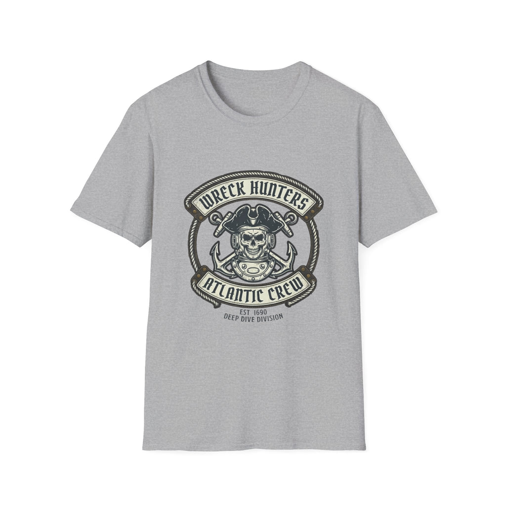 Wreck Hunters Atlantic Crew T‑Shirt — Pirate Skull & Anchor Nautical Graphic Tee