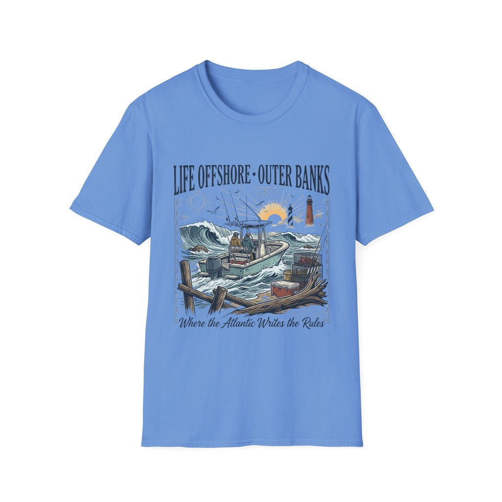 Outer Banks Life Offshore T-Shirt — Coastal Fishing Boat & Lighthouse Tee