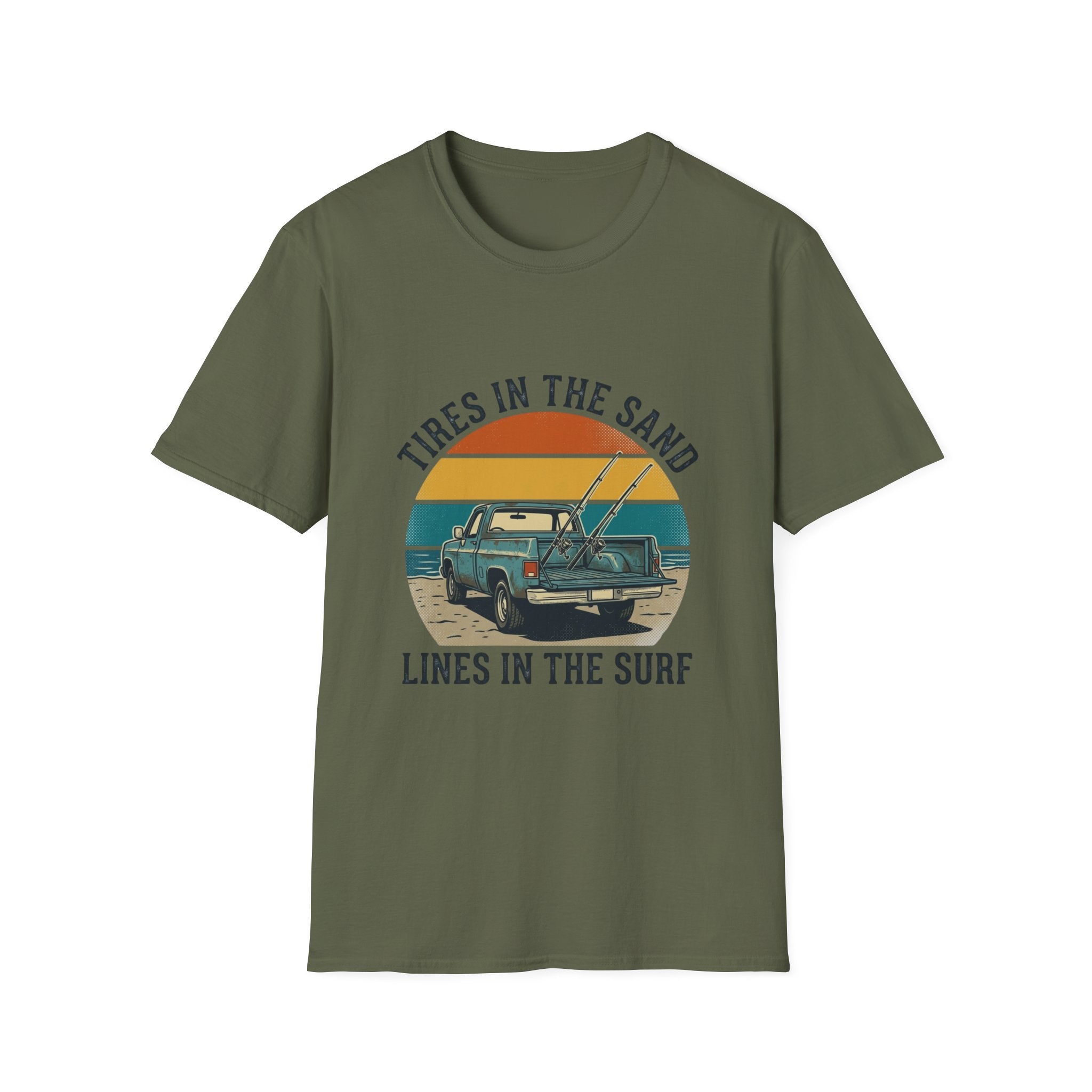 Surf Jeep T-Shirt — "Tires in the Sand, Lines in the Surf" Retro Beach Graphic