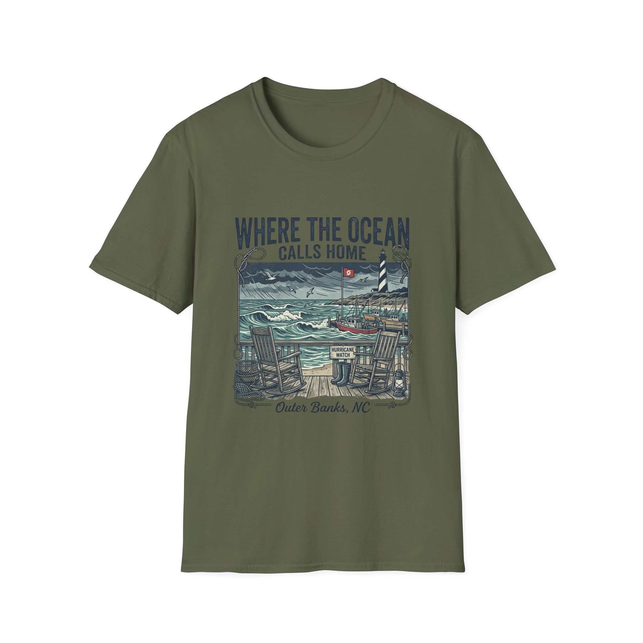 Where the Ocean Calls Home T‑Shirt — Coastal Lighthouse Graphic Tee (Outer Banks)