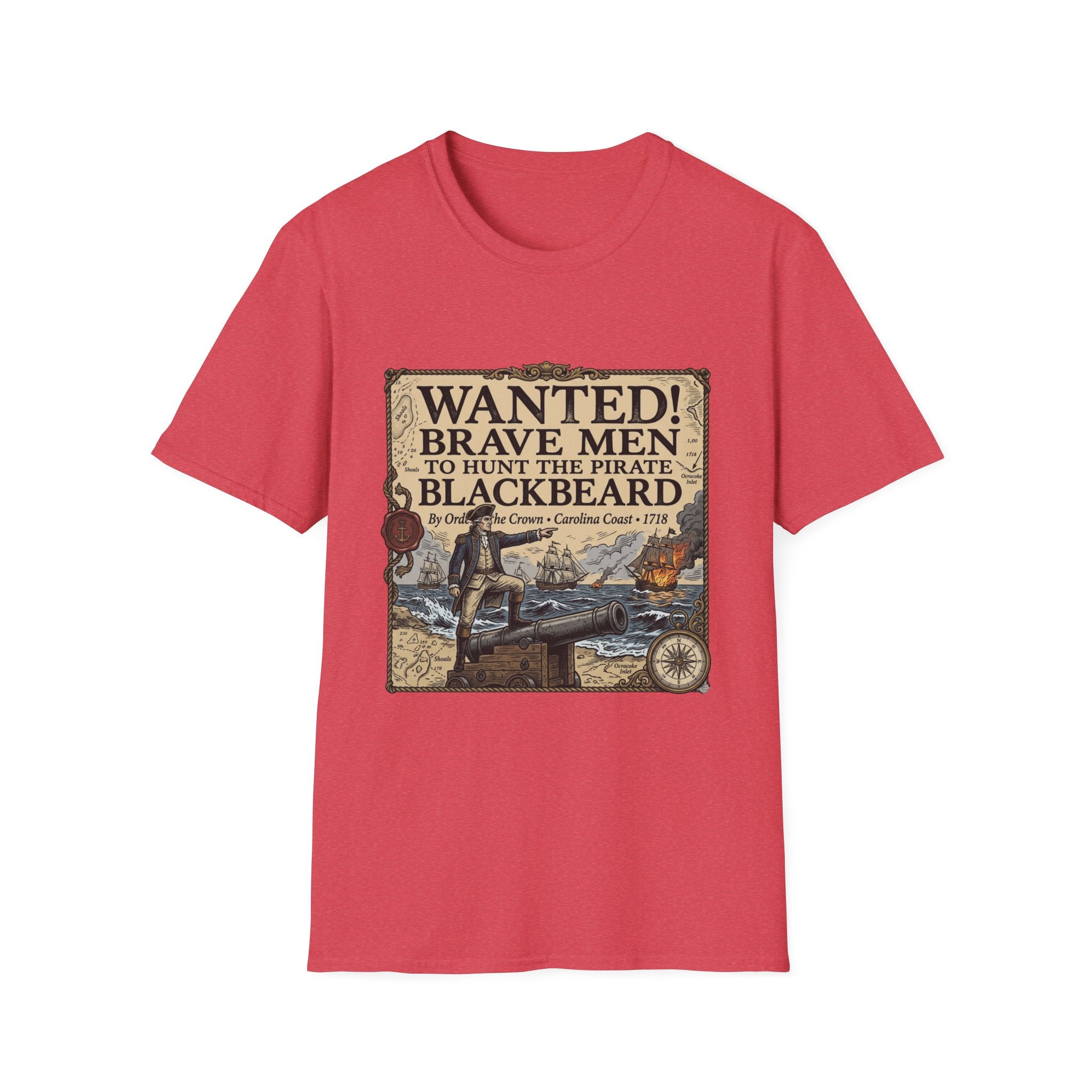 Wanted! Brave Men to Hunt the Pirate Blackbeard T-Shirt — Vintage Pirate Poster Tee