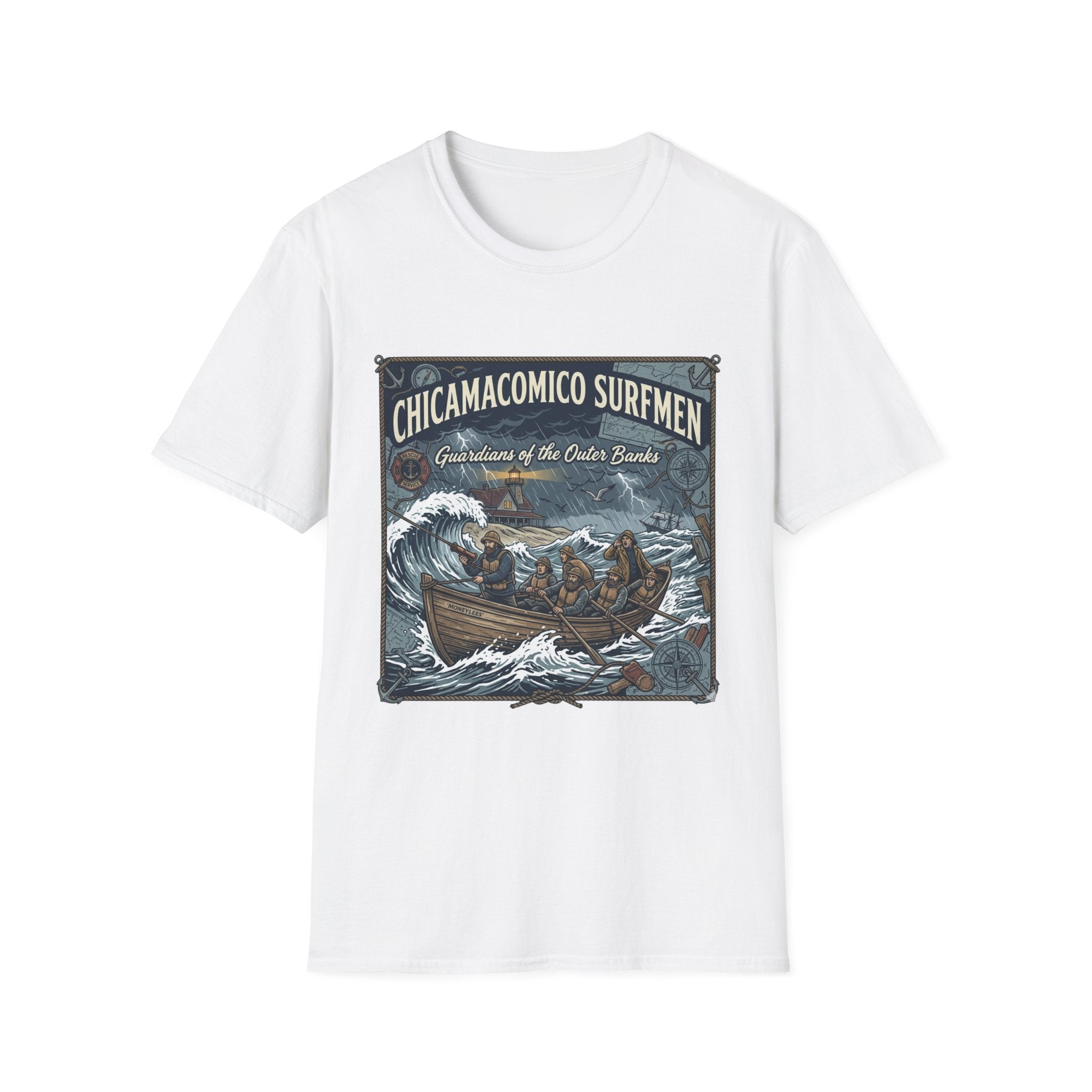 Chicamacomico Surfmen T-Shirt — "Guardians of the Outer Banks" Vintage Surf Rescue Tee