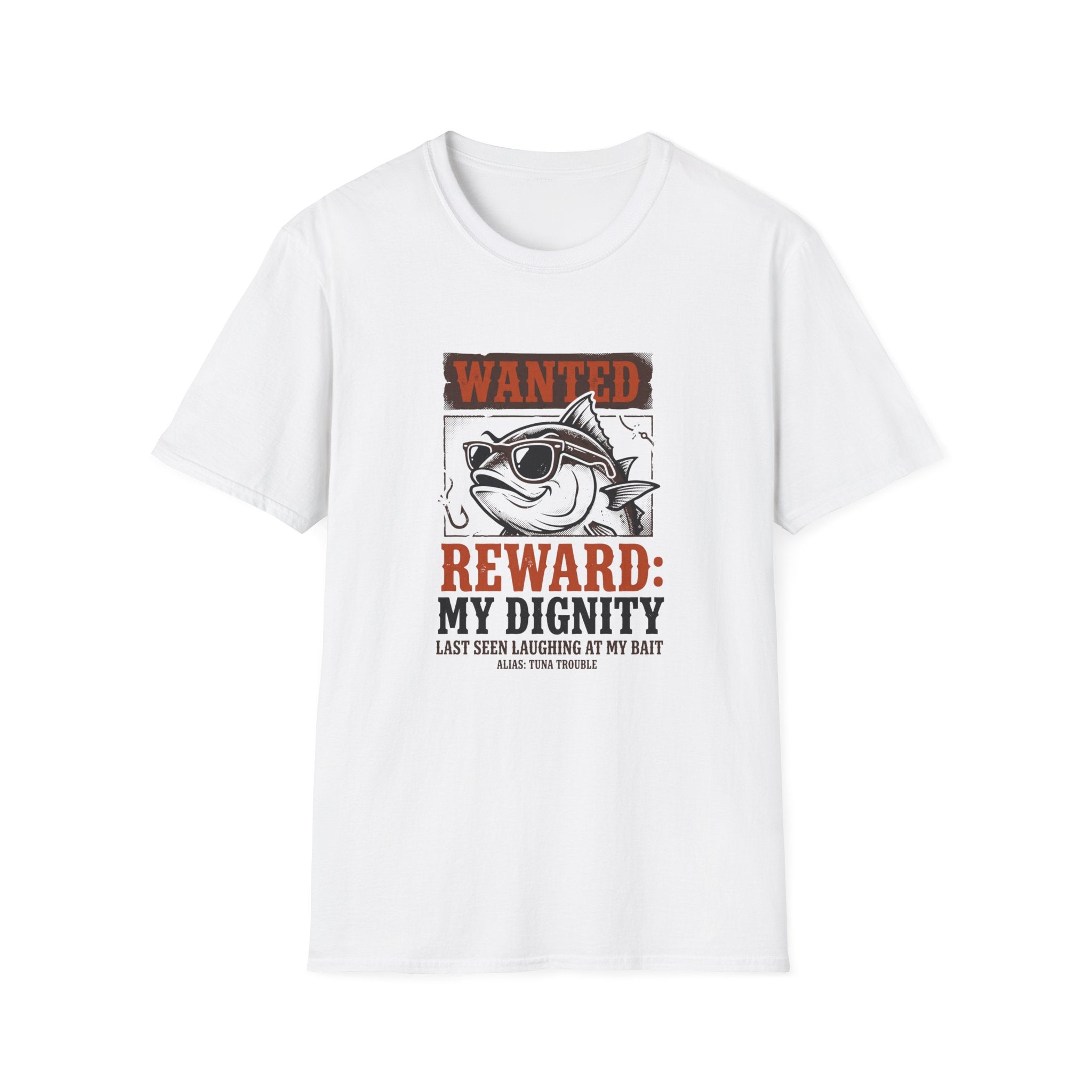 T-Shirt — "Wanted: Reward: My Dignity" Funny Fishing Cat Graphic Tee