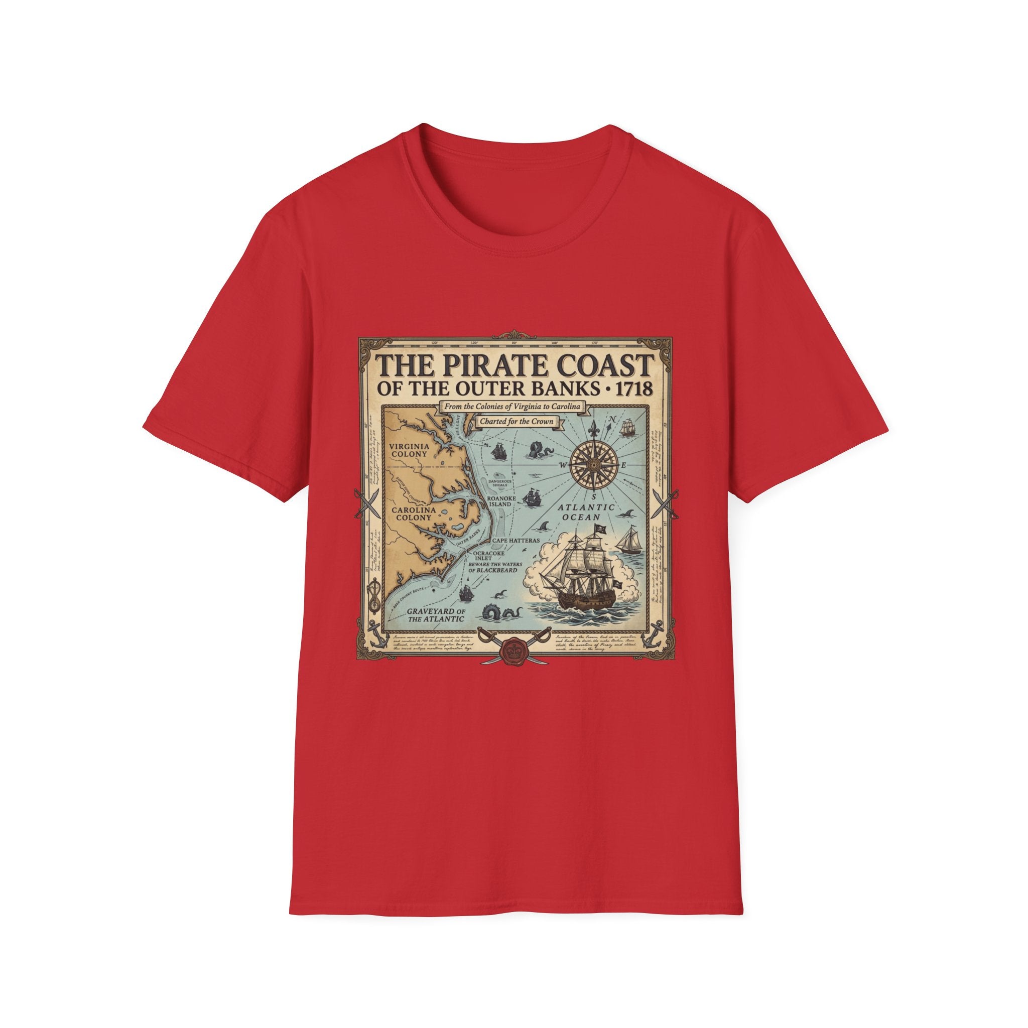 Pirate Coast Map T-Shirt — 'The Pirate Coast of the Outer Banks • 1718' Vintage Nautical Tee