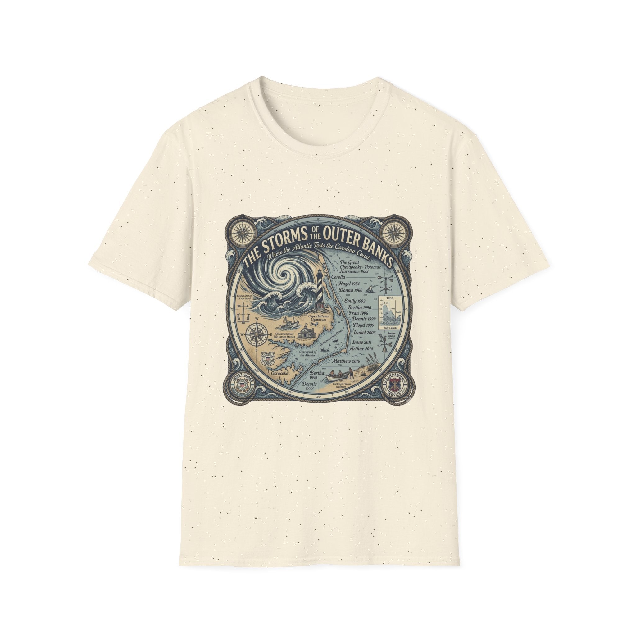 Outer Banks Storms Map T-Shirt — Vintage Coastal Weather Illustration