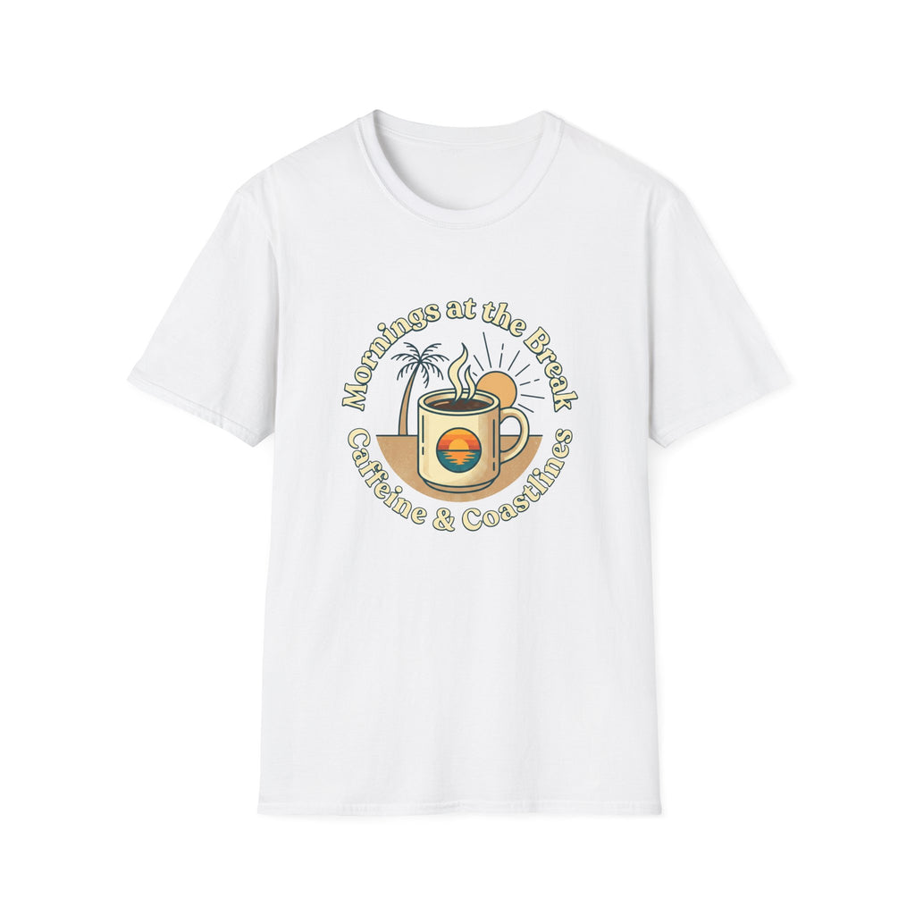 Beach Coffee T-Shirt — "Mornings at the Beach: Sunshine & Caffeine"