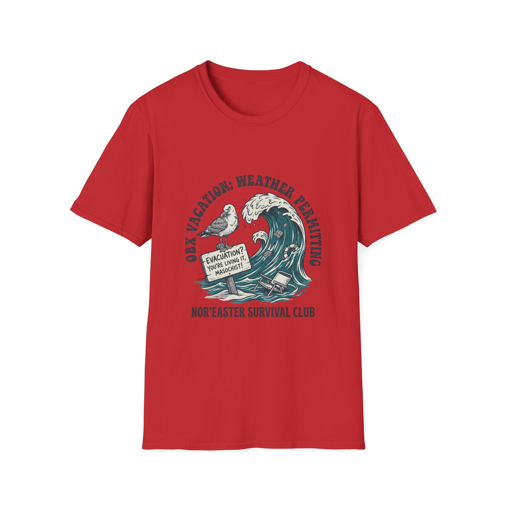 Nor'easter Survival Club T-Shirt — "OK, Vacation: Weather Permitting" Seagull & Wave Tee