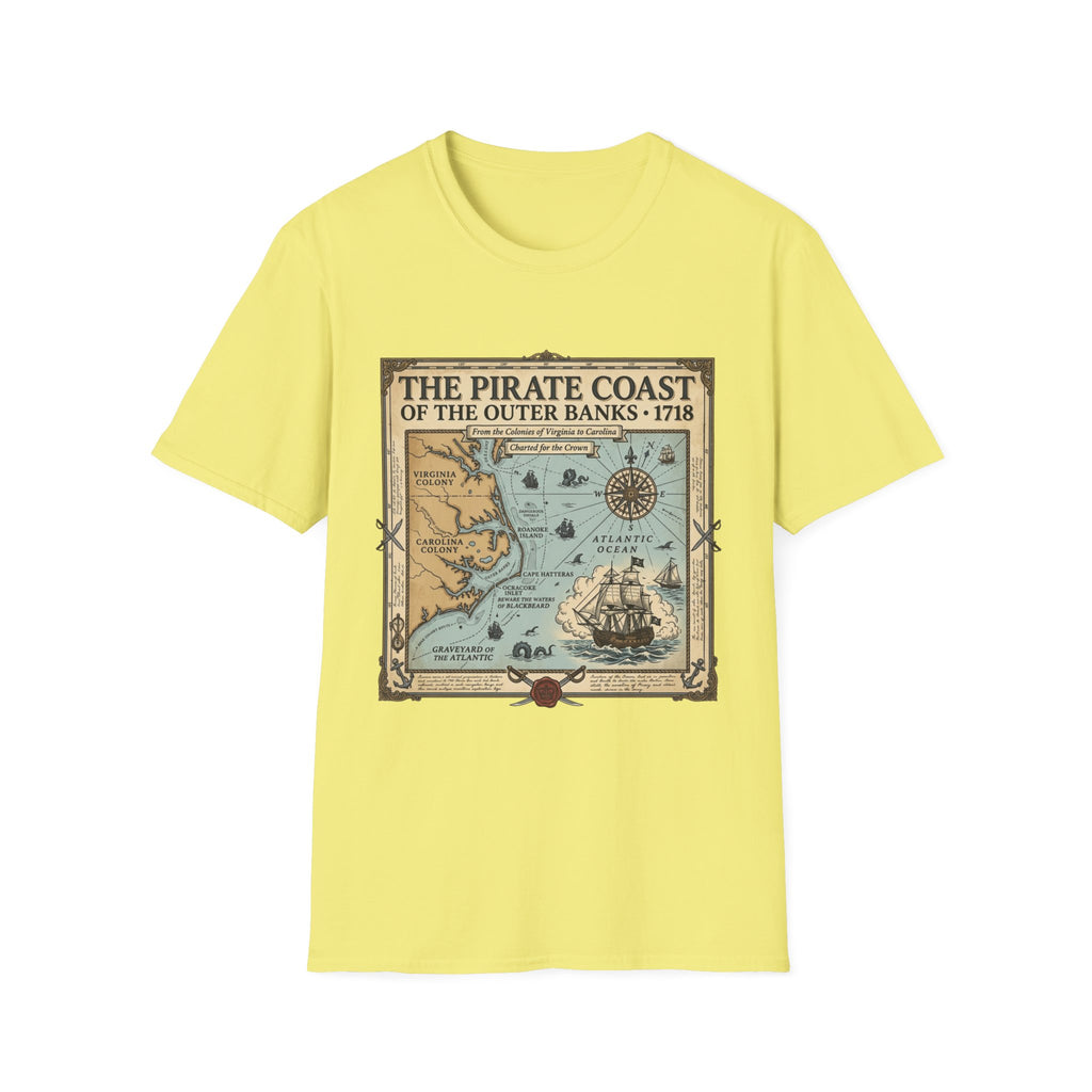 Pirate Coast Map T-Shirt — 'The Pirate Coast of the Outer Banks • 1718' Vintage Nautical Tee