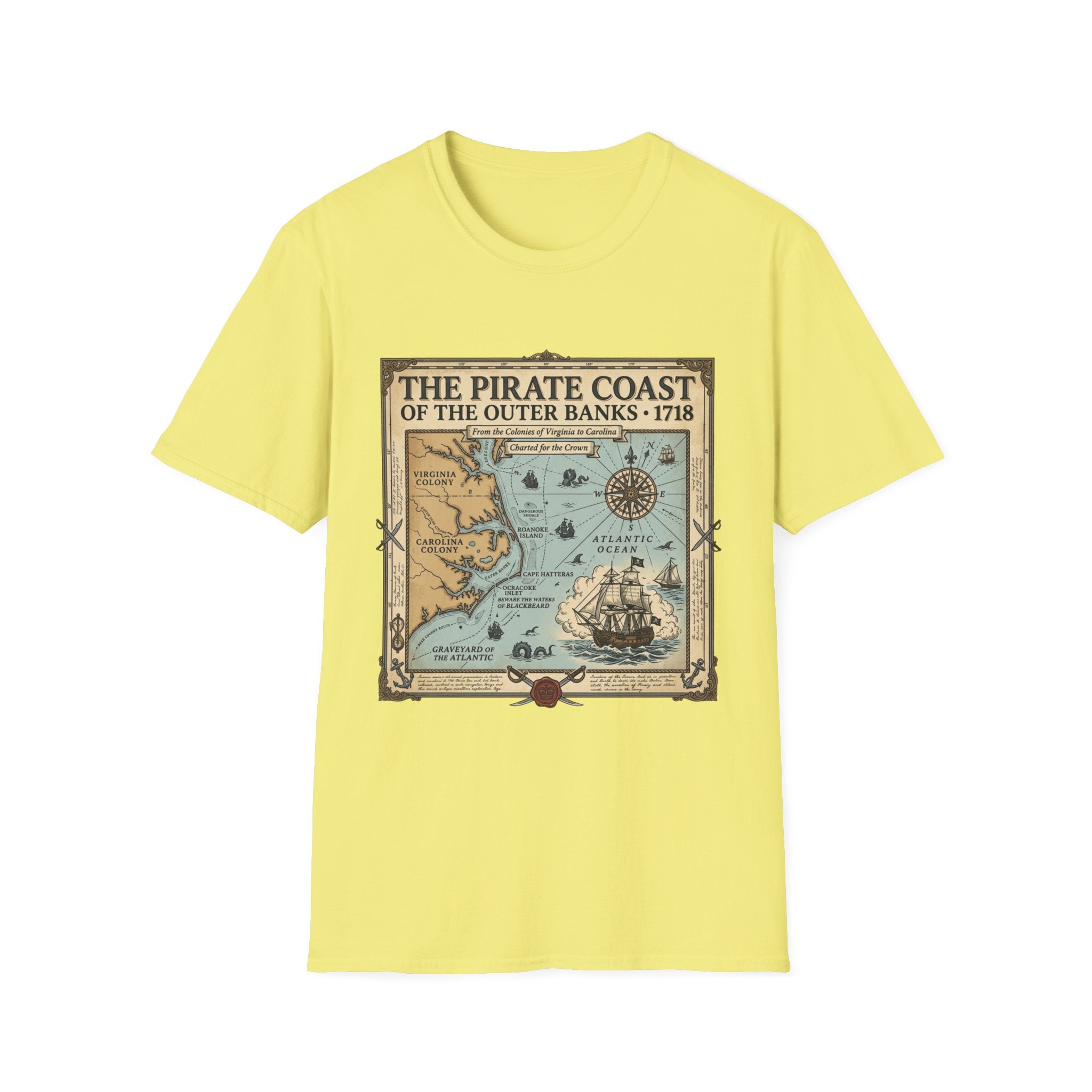 Pirate Coast Map T-Shirt — 'The Pirate Coast of the Outer Banks • 1718' Vintage Nautical Tee