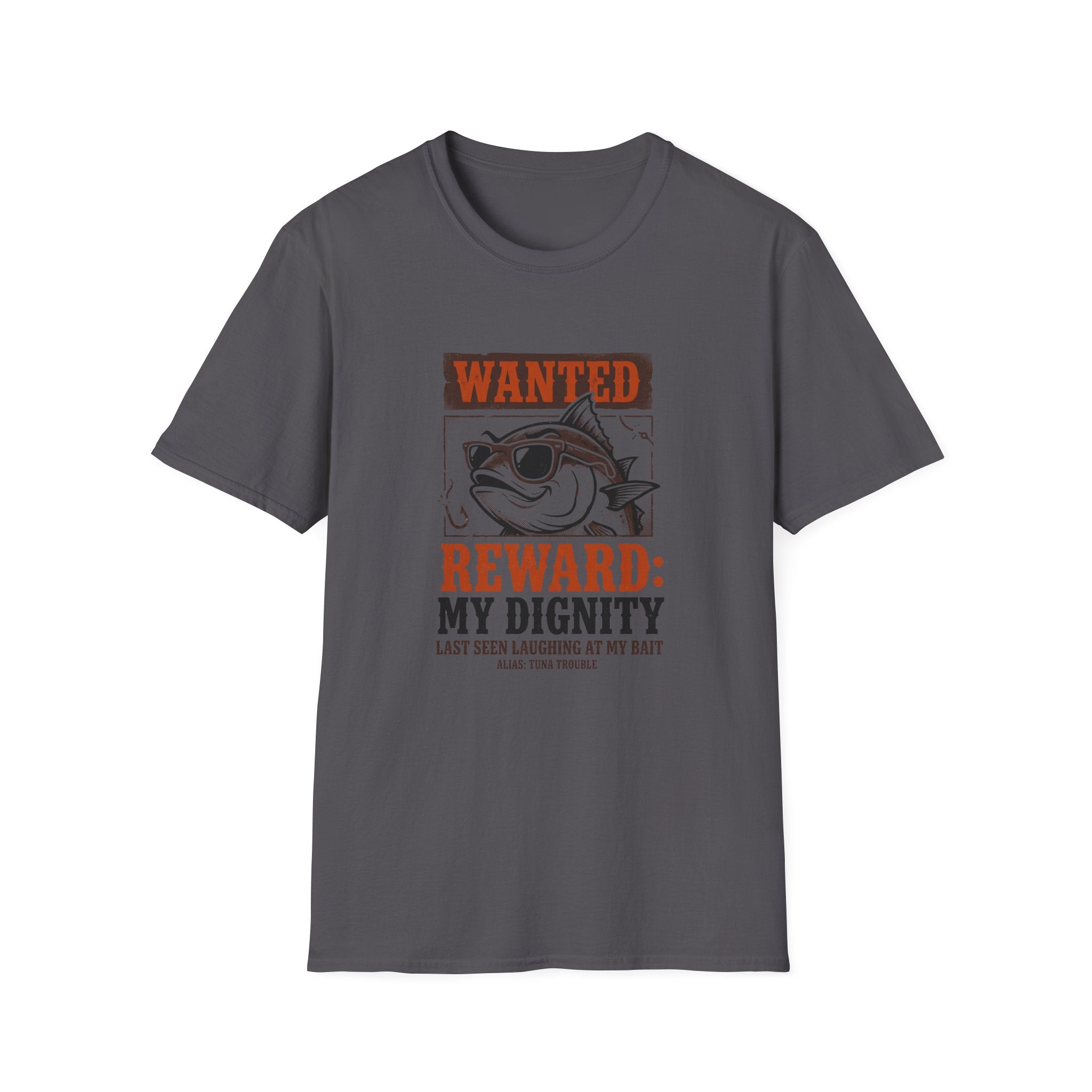 T-Shirt — "Wanted: Reward: My Dignity" Funny Fishing Cat Graphic Tee