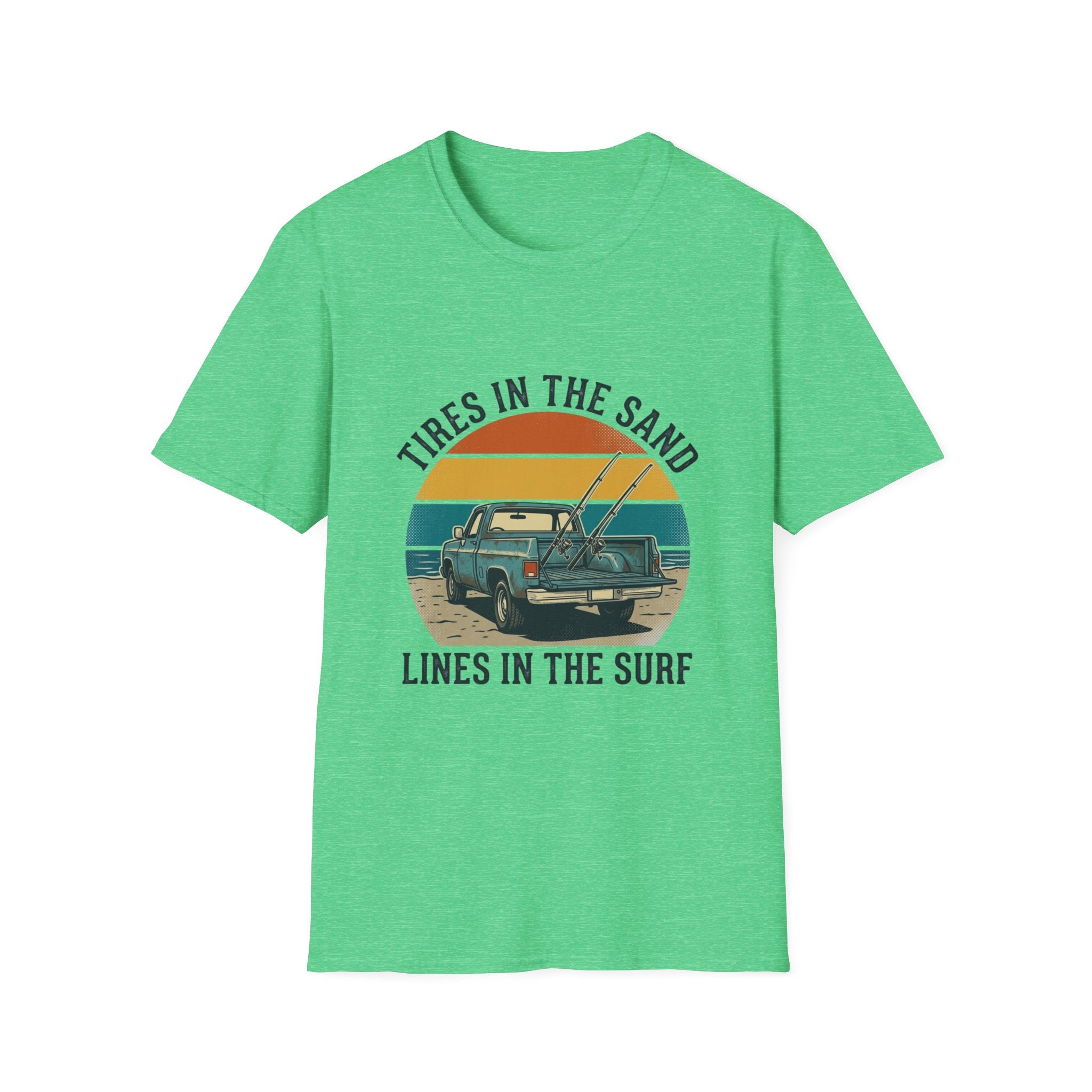 Surf Jeep T-Shirt — "Tires in the Sand, Lines in the Surf" Retro Beach Graphic