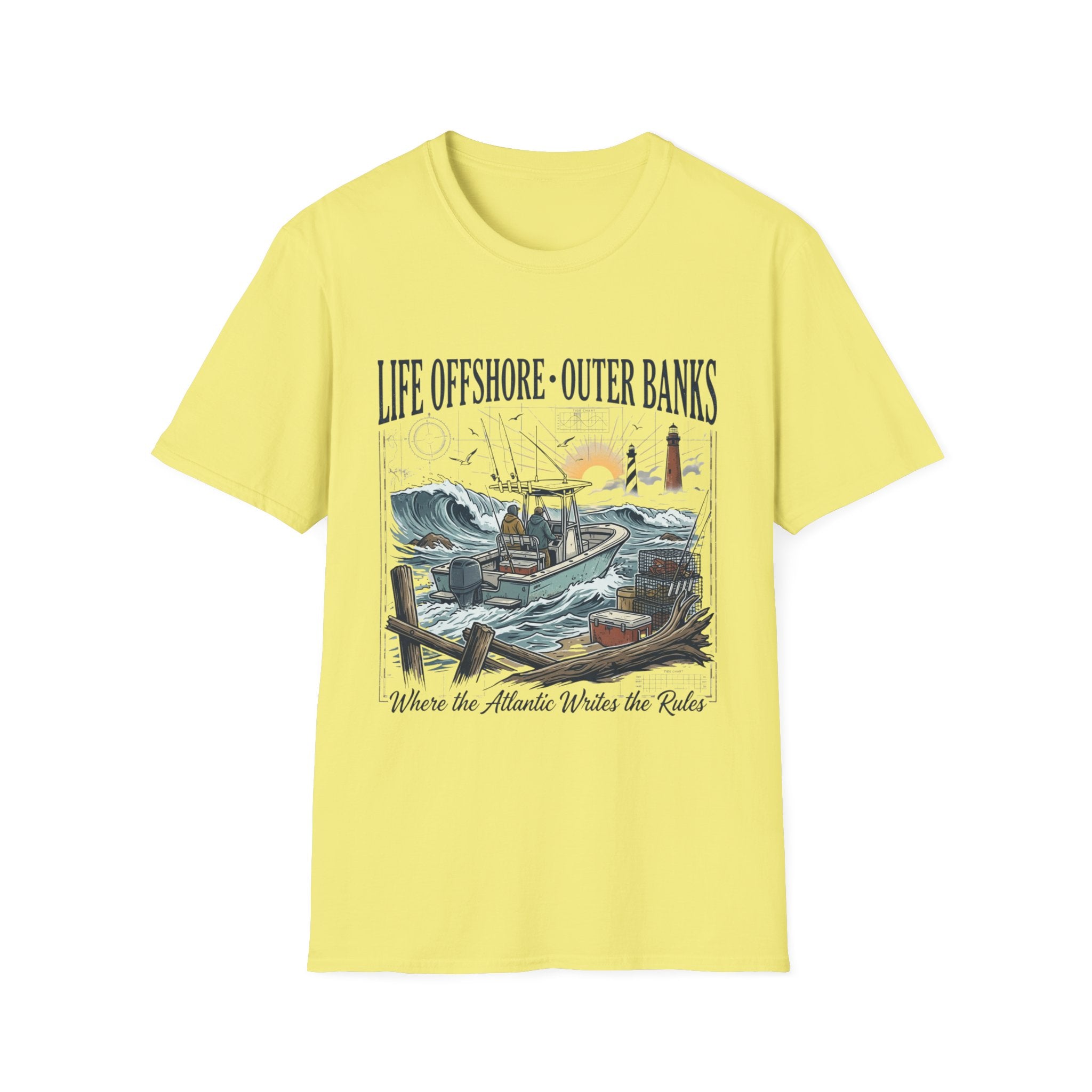 Outer Banks Life Offshore T-Shirt — Coastal Fishing Boat & Lighthouse Tee
