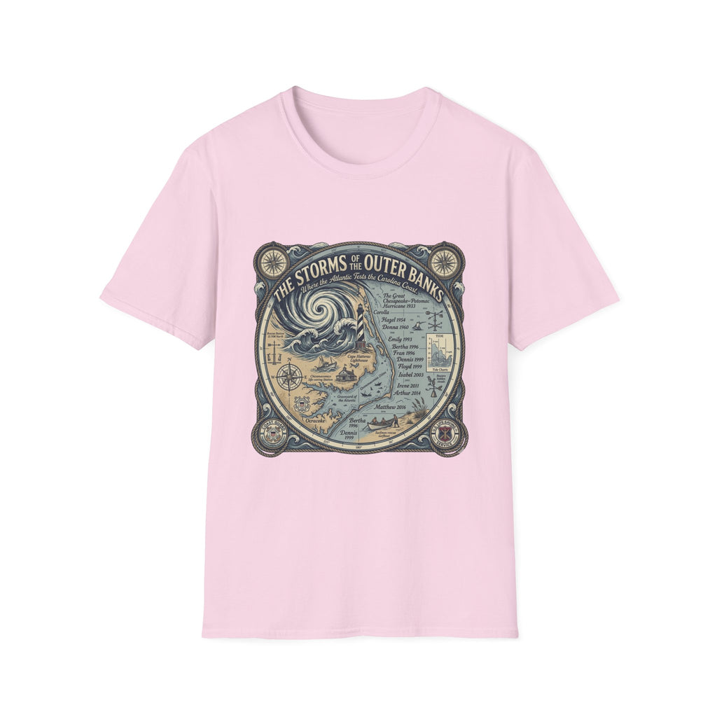 Outer Banks Storms Map T-Shirt — Vintage Coastal Weather Illustration