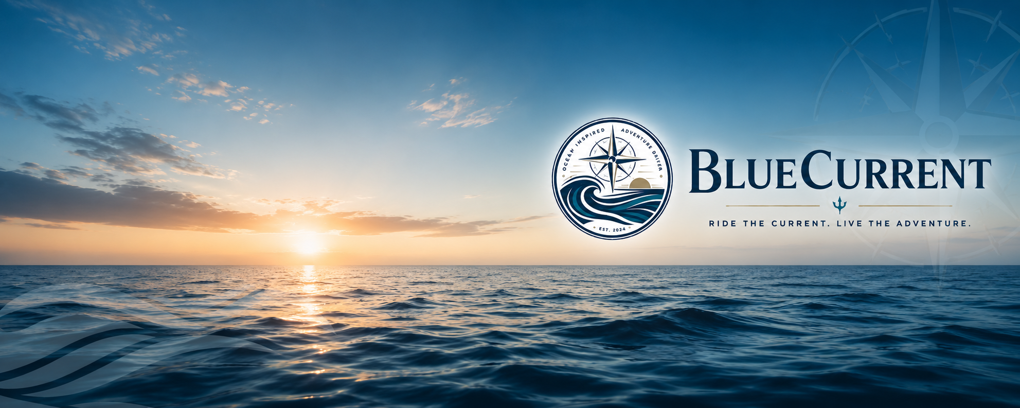 BlueCurrent compass logo over an ocean sunrise